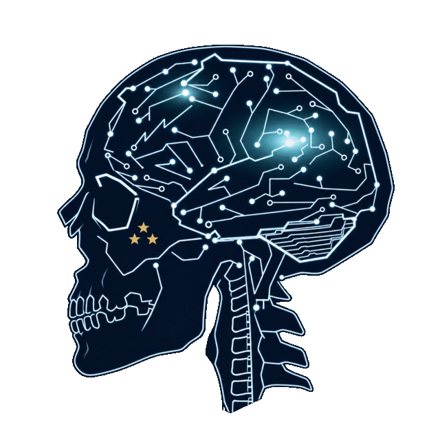 Left-facing anatomical profile with a circuit-board brain and three gold cheek stars